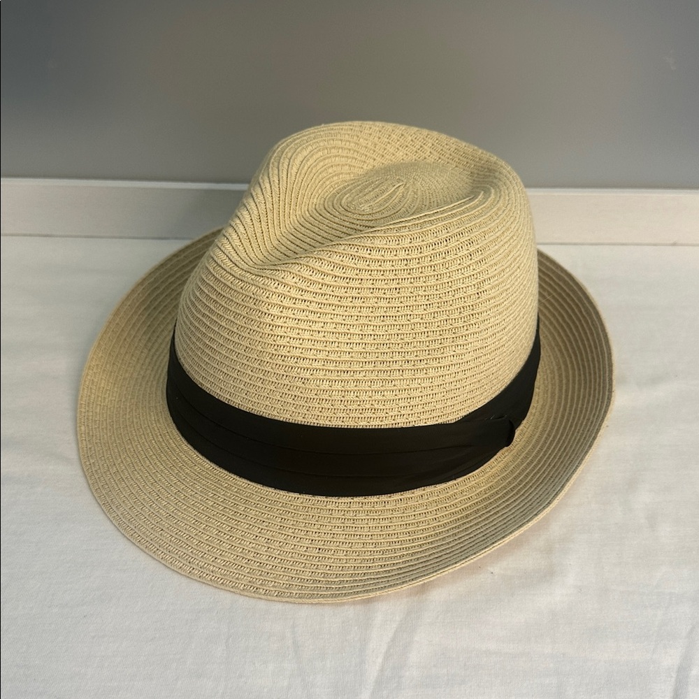 Solar Escape Beige Straw Fedora Beach Sun Hat Paper Blend Black Hatband OS
